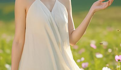 Woman with beeswax bar in a flower field surrounded by bees — natural beeswax skincare ingredient by ORY Skincare.