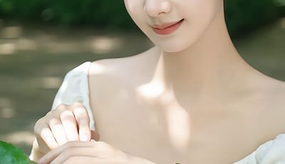 Woman gently touching Centella Asiatica leaves in a garden — soothing cica extract used in ORY Skincare.