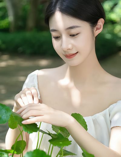 Woman gently touching Centella Asiatica leaves in a garden — soothing cica extract used in ORY Skincare.