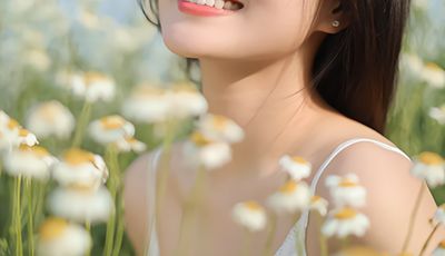 Woman in a field of chamomile flowers — calming chamomile extract skincare ingredient for ORY Skincare.