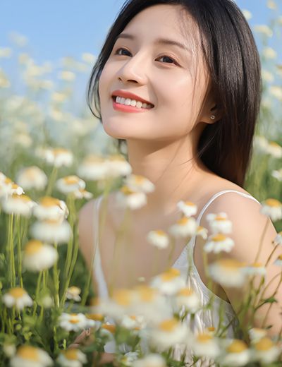 Woman in a field of chamomile flowers — calming chamomile extract skincare ingredient for ORY Skincare.