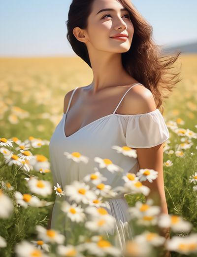 Woman in a field of chamomile flowers — calming chamomile extract skincare ingredient for ORY Skincare.