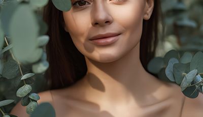 Woman surrounded by eucalyptus leaves representing the purity and clarifying benefits of Eucalyptus (80/82) Essential Oil used in ORY Skincare formulations.