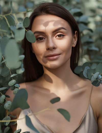 Woman surrounded by eucalyptus leaves representing the purity and clarifying benefits of Eucalyptus (80/82) Essential Oil used in ORY Skincare formulations.