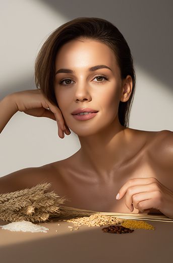 Woman with radiant skin beside natural grains representing Ferulic Acid antioxidant benefits in ORY Skincare formulations.