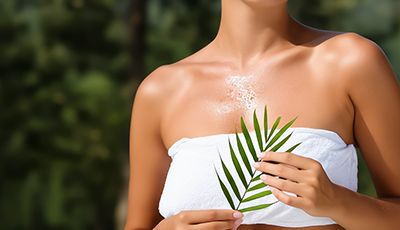 Woman in a natural spa setting with coconuts and botanicals, representing the hydrating and moisture-locking benefits of Glycerin in ORY Skincare formulations.
