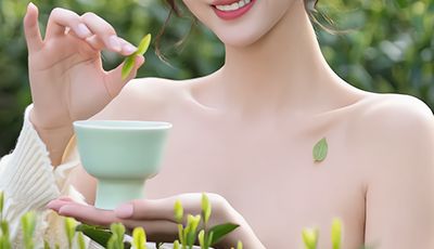 Smiling Asian woman in lush green tea field holding teacup and fresh leaf, illustrating the antioxidant-packed Green Tea Extract in Oryskincare's soothing and protective skincare products for radiant, youthful skin.