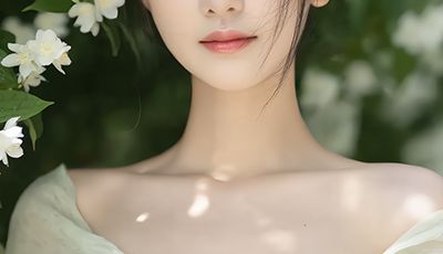 Serene Asian woman surrounded by blooming jasmine flowers in light green dress, embodying the calming and antioxidant Jasmine extract in Oryskincare's hydrating skincare products for soothed, radiant skin.