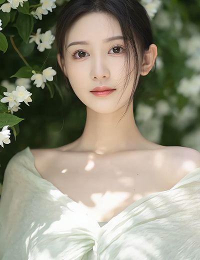 Serene Asian woman surrounded by blooming jasmine flowers in light green dress, embodying the calming and antioxidant Jasmine extract in Oryskincare's hydrating skincare products for soothed, radiant skin.