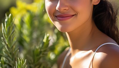 Smiling woman in white top surrounded by desert jojoba plants under sunny sky, symbolizing the balancing and hydrating Jojoba Oil in Oryskincare's natural skincare products for clear, moisturized, and youthful skin.
