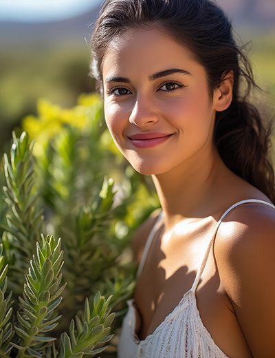 Smiling woman in white top surrounded by desert jojoba plants under sunny sky, symbolizing the balancing and hydrating Jojoba Oil in Oryskincare's natural skincare products for clear, moisturized, and youthful skin.