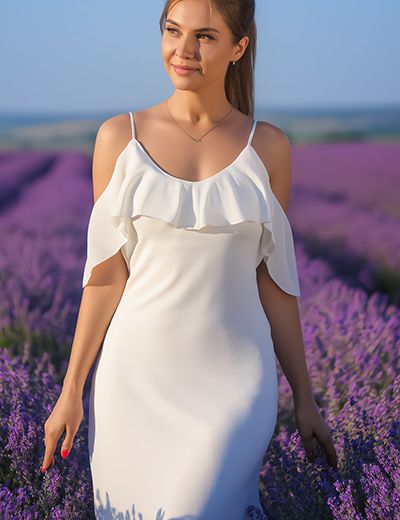 Smiling woman in elegant white ruffled dress walking through vibrant purple lavender fields under blue sky, embodying the calming Lavender extract in Oryskincare's soothing skincare products for reduced inflammation and radiant, balanced skin.