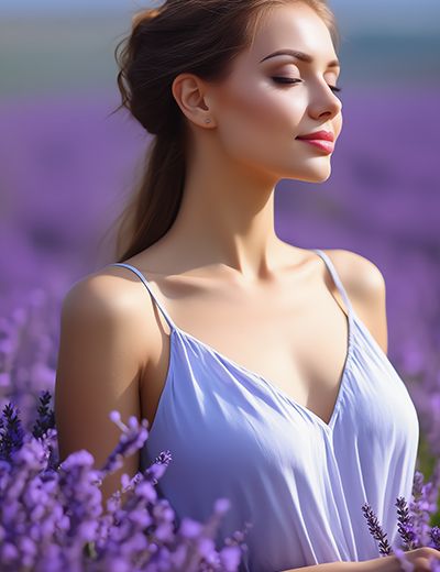 Woman standing peacefully in a lavender field, symbolizing ORY Skincare’s use of lavender for calming, soothing, and balancing the skin.