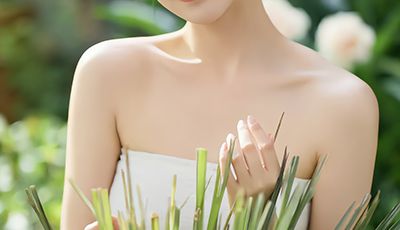 Serene Asian woman in white attire gently holding fresh lemongrass stalks in lush garden setting, representing the invigorating Lemongrass Essential Oil in Oryskincare's purifying skincare products for toned, refreshed, and acne-free skin.