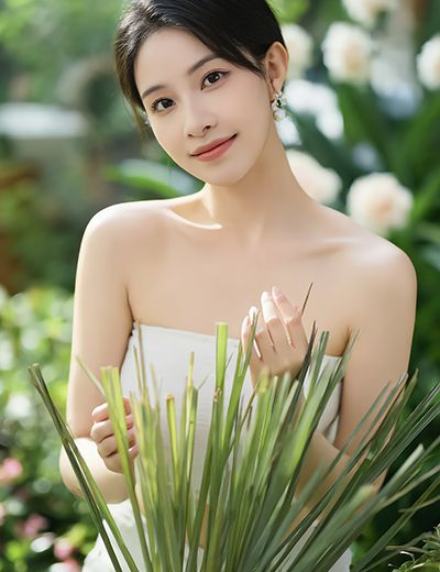 Serene Asian woman in white attire gently holding fresh lemongrass stalks in lush garden setting, representing the invigorating Lemongrass Essential Oil in Oryskincare's purifying skincare products for toned, refreshed, and acne-free skin.
