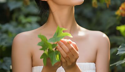 Smiling Asian woman in white dress holding fresh licorice leaves in sunny garden, symbolizing the brightening Licorice Extract in Oryskincare's soothing skincare products for even-toned, radiant skin.