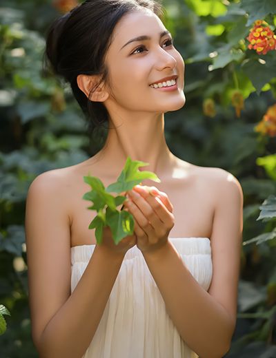 Smiling Asian woman in white dress holding fresh licorice leaves in sunny garden, symbolizing the brightening Licorice Extract in Oryskincare's soothing skincare products for even-toned, radiant skin.