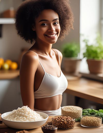 Smiling woman in white top surrounded by bowls of rice, grains, nuts, and herbs in bright kitchen, representing natural sources of Niacinamide (Vitamin B3) in Oryskincare's strengthening skincare products for improved barrier function, reduced pores, and even-toned skin.