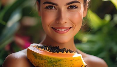 Smiling woman in green top holding fresh halved papaya in lush tropical garden, representing the exfoliating Papaya Extract in Oryskincare's brightening skincare products for smoother, radiant, and rejuvenated skin.