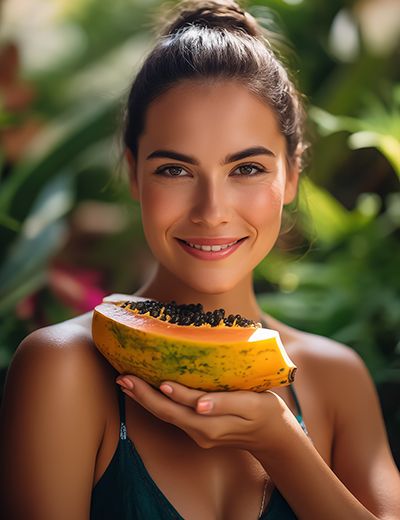 Smiling woman in green top holding fresh halved papaya in lush tropical garden, representing the exfoliating Papaya Extract in Oryskincare's brightening skincare products for smoother, radiant, and rejuvenated skin.