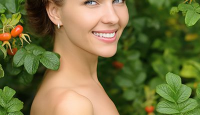 Woman surrounded by rosehip branches with ripe rose hips, representing rosehip oil used in ORY Skincare for skin renewal, hydration, and natural radiance.