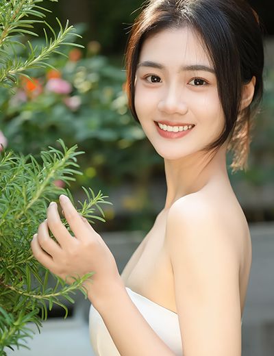 Woman gently holding fresh rosemary leaves in a garden setting, representing rosemary used in ORY Skincare for its antioxidant and skin-balancing benefits.