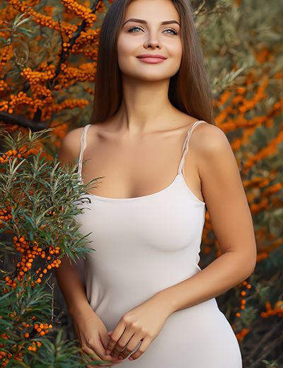Woman standing among sea buckthorn berries and foliage, representing sea buckthorn seed oil used in ORY Skincare for antioxidant-rich, skin-repairing botanical formulations.