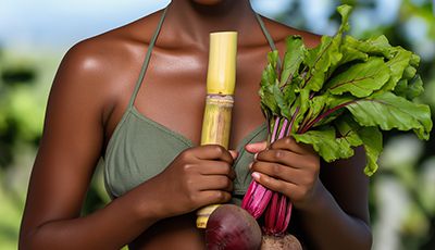 Woman holding fresh botanicals and roots, representing sodium PCA’s natural moisture-binding properties and its role in maintaining skin hydration and balance.
