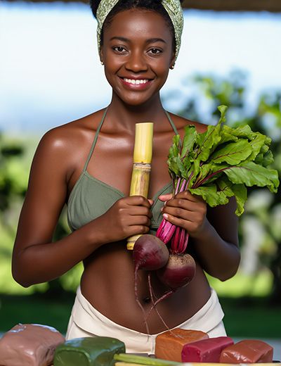Woman holding fresh botanicals and roots, representing sodium PCA’s natural moisture-binding properties and its role in maintaining skin hydration and balance.