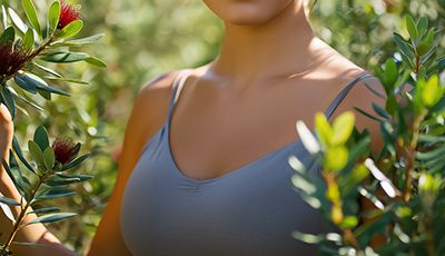 Woman standing among tea tree foliage, representing tea tree oil’s natural purifying, antibacterial, and skin-balancing properties in skincare.