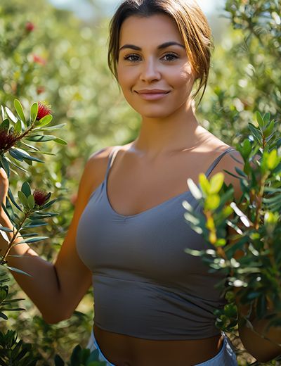 Woman standing among tea tree foliage, representing tea tree oil’s natural purifying, antibacterial, and skin-balancing properties in skincare.