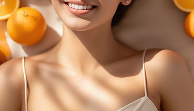 Woman with radiant, glowing skin surrounded by fresh oranges, representing Vitamin C (Ascorbic Acid) used in ORY Skincare to brighten, protect, and revitalize the complexion.