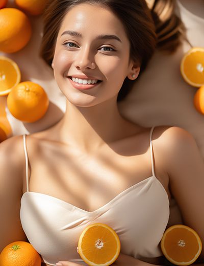 Woman with radiant, glowing skin surrounded by fresh oranges, representing Vitamin C (Ascorbic Acid) used in ORY Skincare to brighten, protect, and revitalize the complexion.
