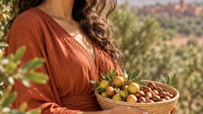 Smiling woman holding argan fruits and nuts in a grove beneath gold ORY Argan Oil lettering.