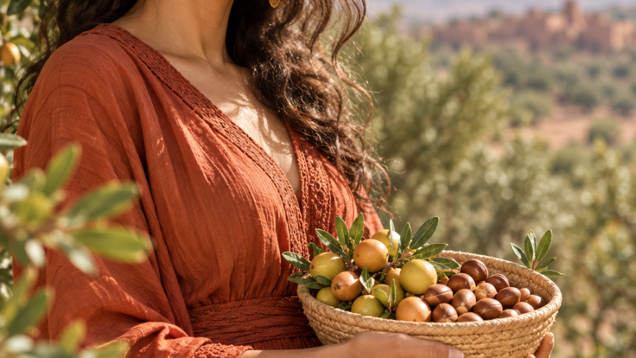 Smiling woman holding argan fruits and nuts in a grove beneath gold ORY Argan Oil lettering.