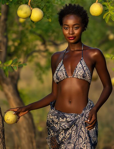 onfident woman with natural afro holding fresh marula fruit in lush marula tree grove, illustrating the antioxidant-rich Marula Oil in Oryskincare's hydrating skincare products for nourished, youthful, and glowing skin.