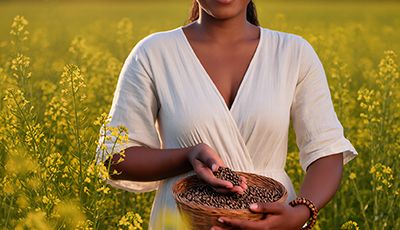 Woman in a blooming field holding seeds at sunset — natural bakuchiol skincare ingredient by ORY Skincare.