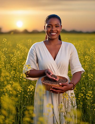Woman in a blooming field holding seeds at sunset — natural bakuchiol skincare ingredient by ORY Skincare.