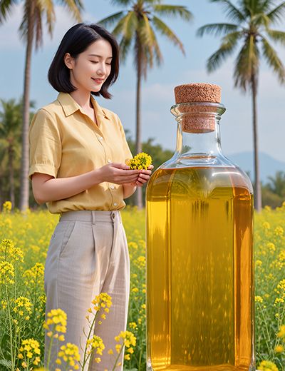 Woman in a yellow field beside a large bottle of golden oil — plant-derived emulsifier Behentrimonium Methosulfate for ORY Skincare.