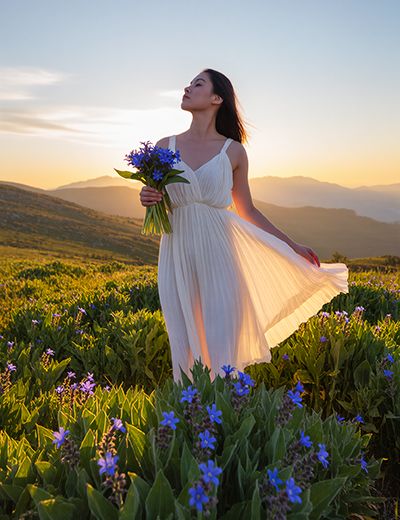 Woman holding blue borage flowers in a mountain meadow at sunset — natural borage seed oil skincare ingredient for ORY Skincare.