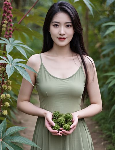 Woman holding fresh castor seeds in a lush garden — natural castor oil skincare ingredient for ORY Skincare.