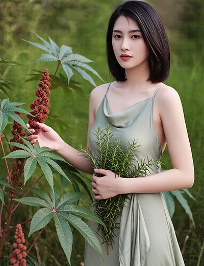 Woman holding fresh rosemary beside castor plants — natural castor rosemary oil skincare ingredient for ORY Skincare.