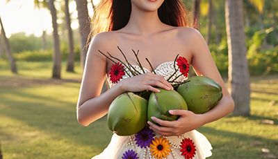 Woman holding coconuts in a tropical grove — coconut fragrance oil used in ORY Skincare for warm, tropical aroma.