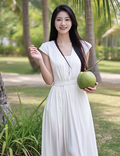 Woman holding a fresh coconut in a tropical garden — natural coconut oil skincare ingredient for ORY Skincare.
