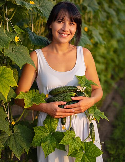 Woman holding fresh cucumbers in a garden — cucumber extract hydrating and soothing skincare ingredient for ORY Skincare.