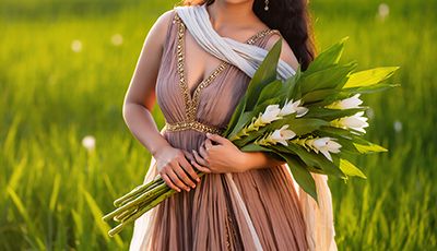 Woman holding turmeric flowers in a sunlit field — curcumin antioxidant and brightening skincare ingredient for ORY Skincare.