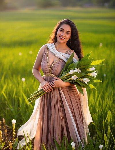 Woman holding turmeric flowers in a sunlit field — curcumin antioxidant and brightening skincare ingredient for ORY Skincare.