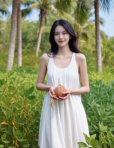 Woman in a lush botanical field holding a coconut, symbolizing the emulsifying and stabilizing benefits of Glycerol Monostearate-SE in ORY Skincare formulations.