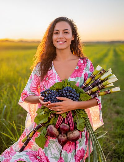 Smiling woman in floral dress holding fresh sugarcane, grapes, and beets in sunny field, symbolizing natural sources of Glycolic Acid for Oryskincare exfoliating and renewing skincare products.