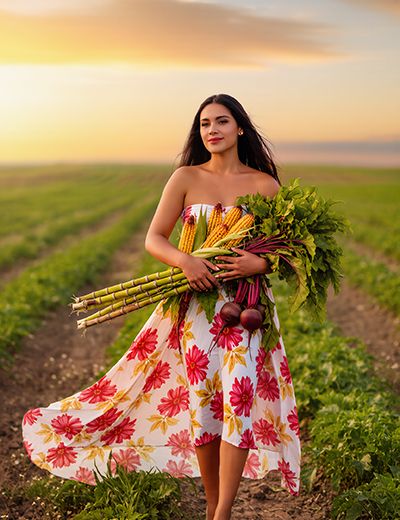 Woman in floral dress walking through sunny field holding fresh sugarcane, corn, and beets, symbolizing natural plant-derived Lactic Acid in Oryskincare's gentle exfoliating products for smoother, brighter skin.